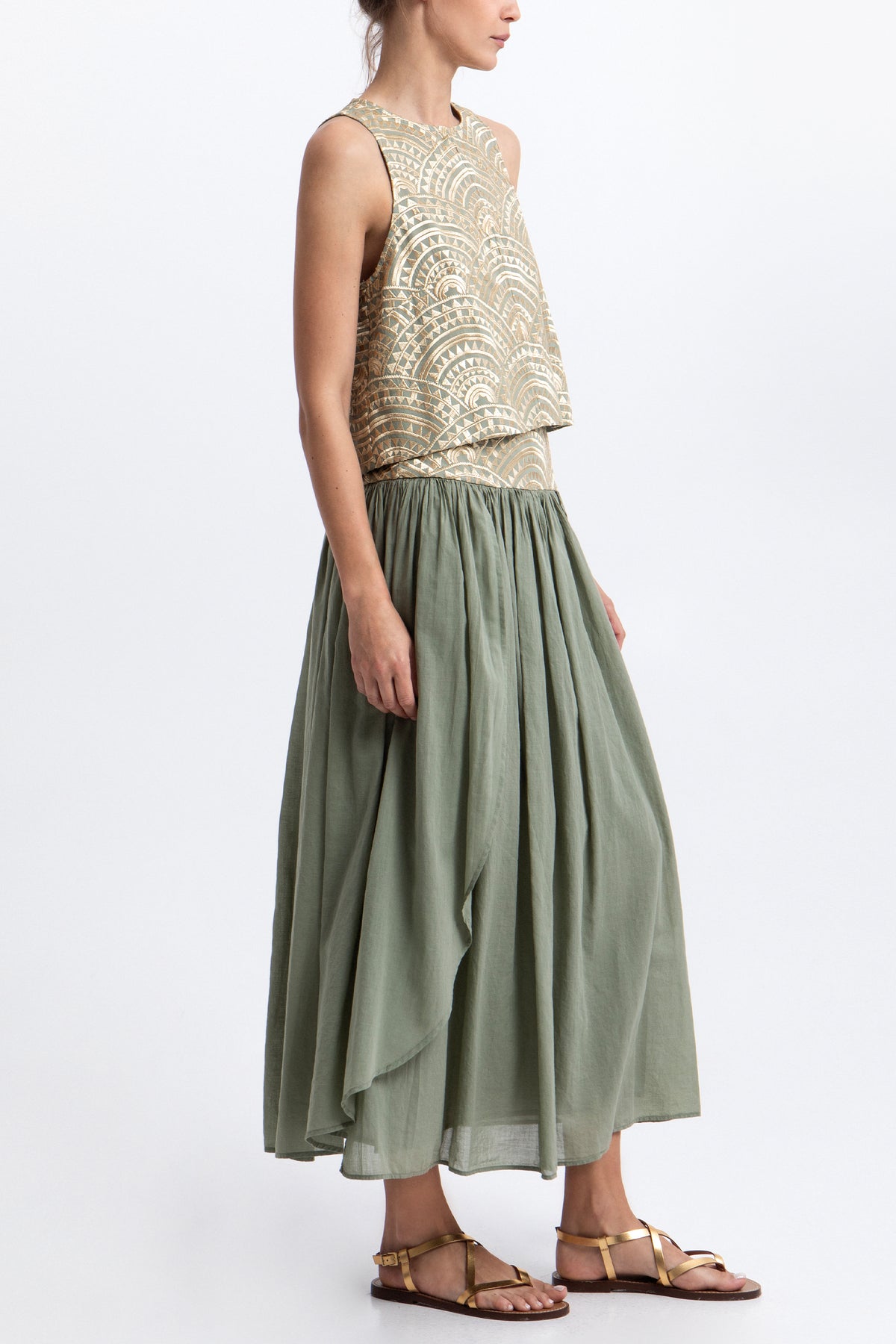 MIDI COTTON SKIRT "TRIANGLE" SAGE/GOLD