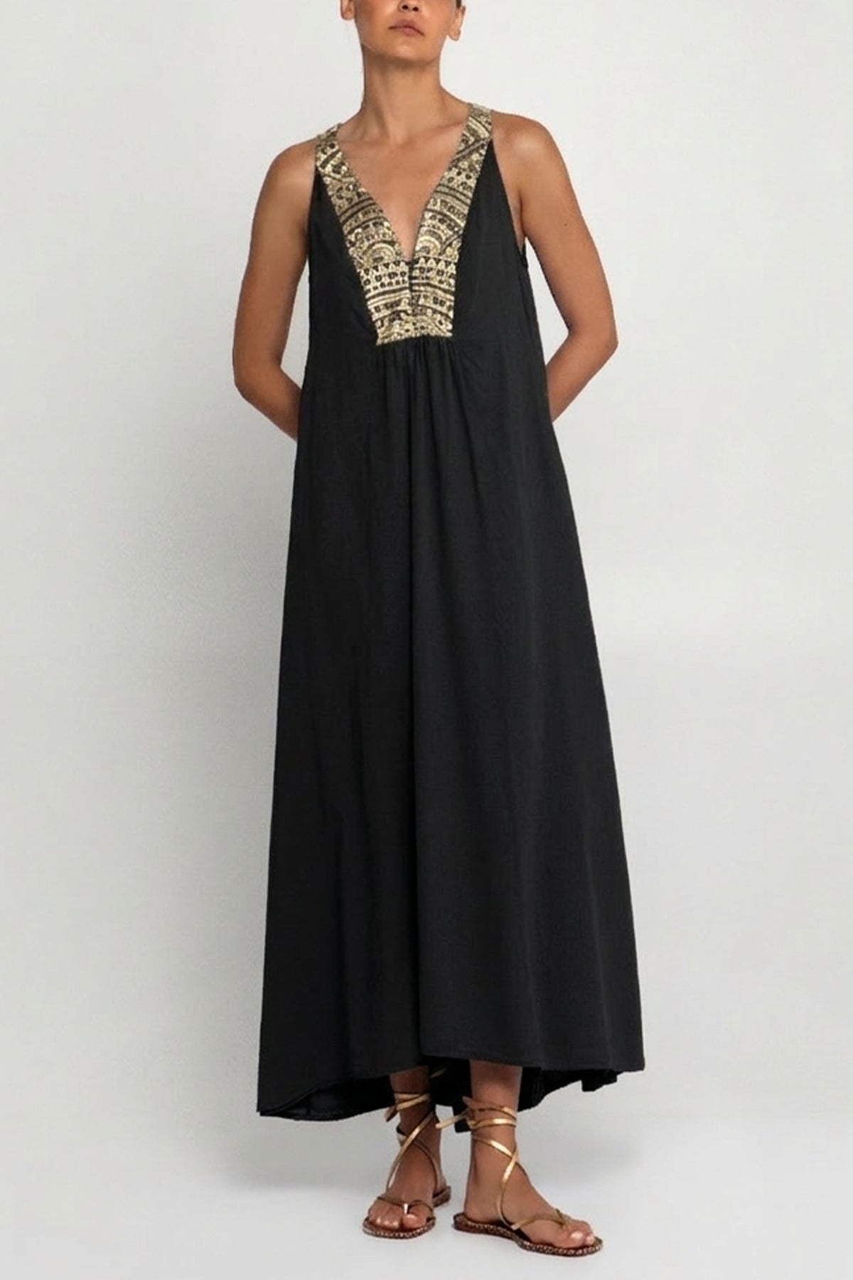 LONG SLEEVELESS COTTON DRESS "TRIANGLE" BLACK/GOLD