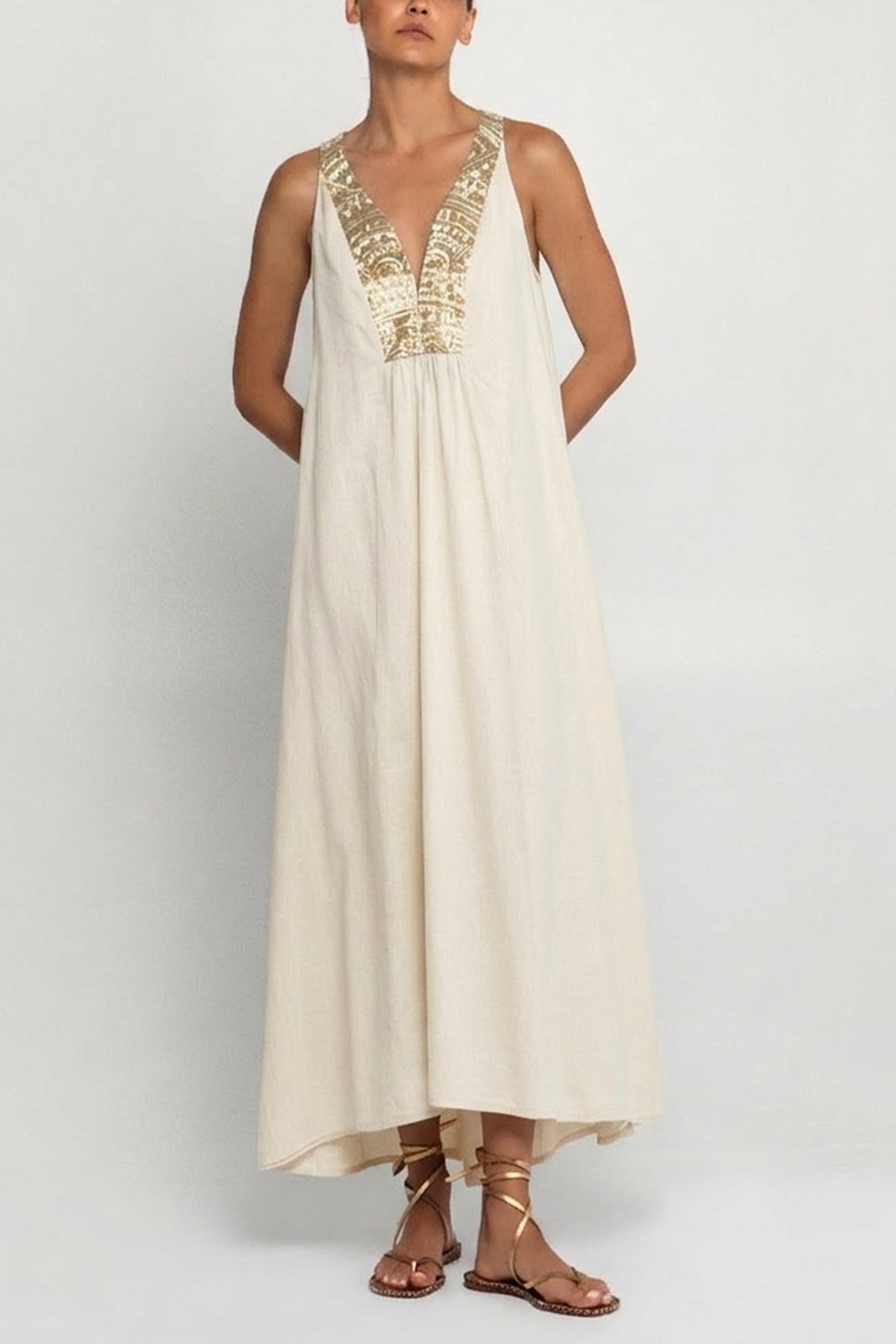 LONG SLEEVELESS COTTON DRESS "TRIANGLE" NATURAL/GOLD