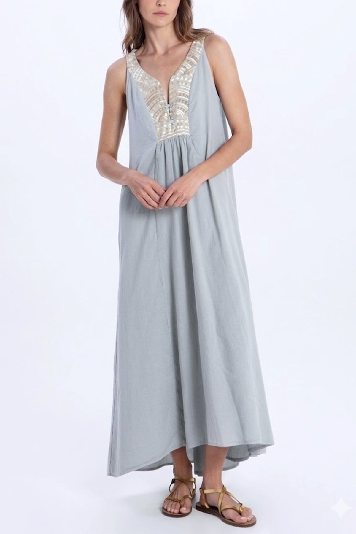 LONG SLEEVELESS COTTON DRESS "TRIANGLE" LIGHT GREY/CHAMPAGNE