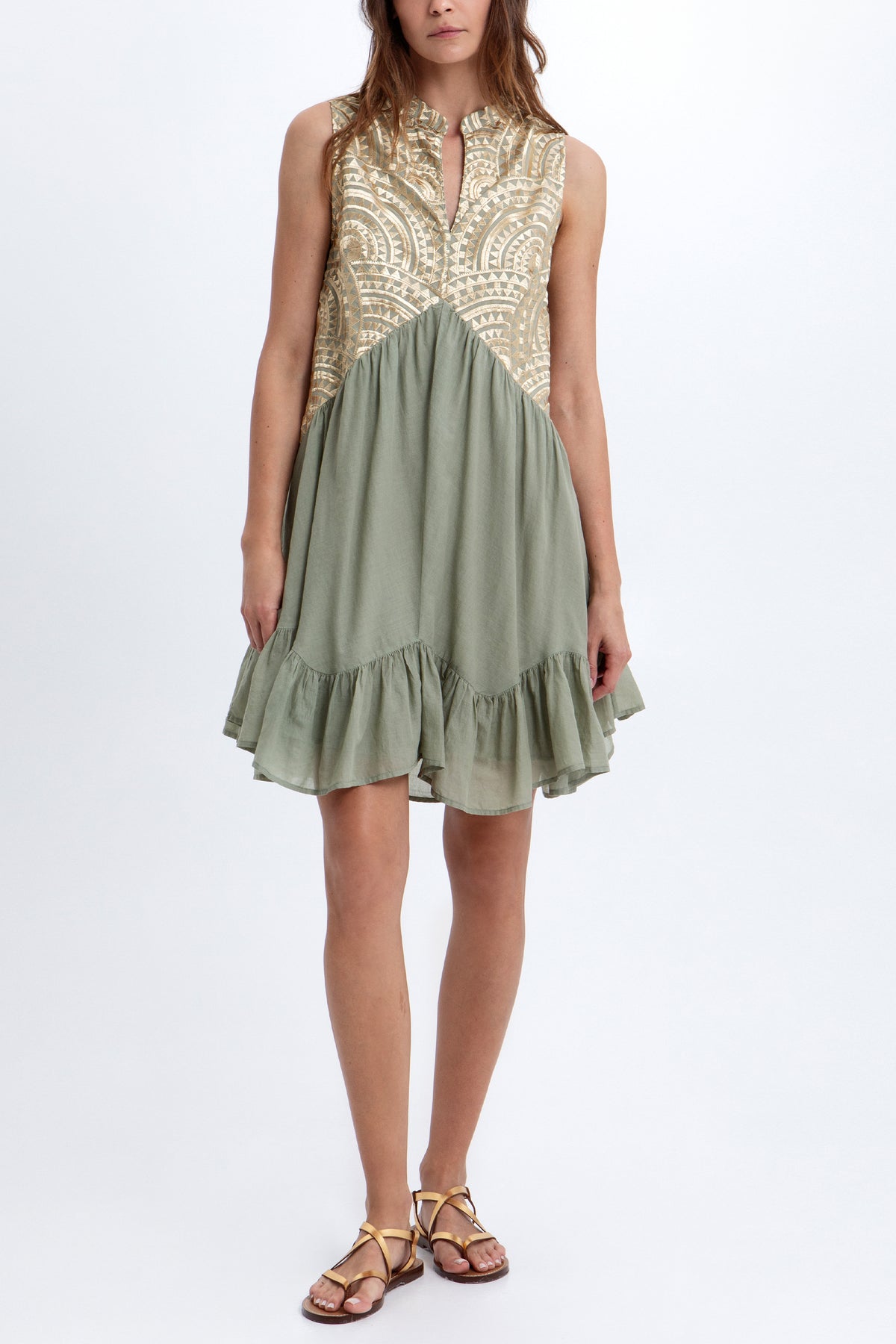SHORT SLEEVELESS COTTON DRESS "TRIANGLE" SAGE/GOLD