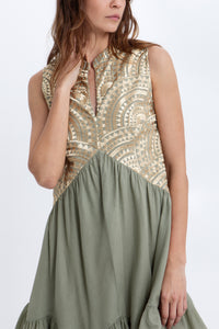 SHORT SLEEVELESS COTTON DRESS "TRIANGLE" SAGE/GOLD