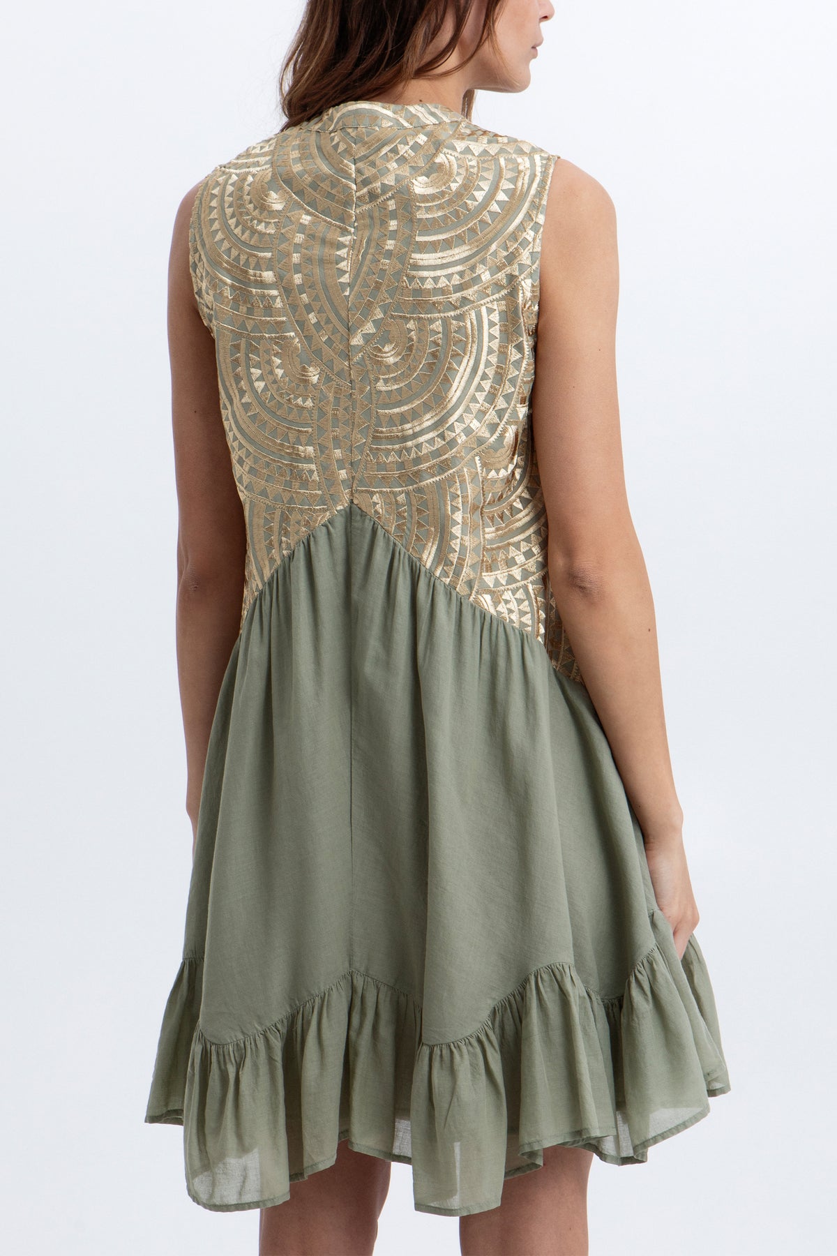 SHORT SLEEVELESS COTTON DRESS "TRIANGLE" SAGE/GOLD