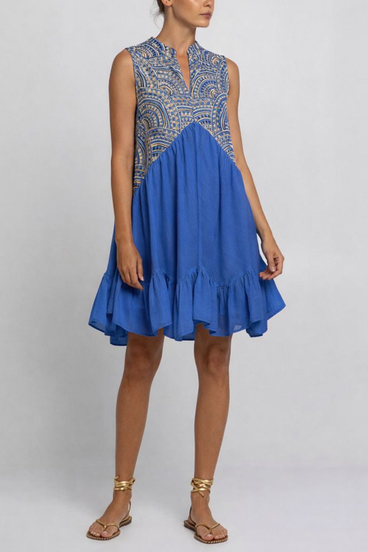 SHORT SLEEVELESS COTTON DRESS "TRIANGLE" BLUE RAF/GOLD