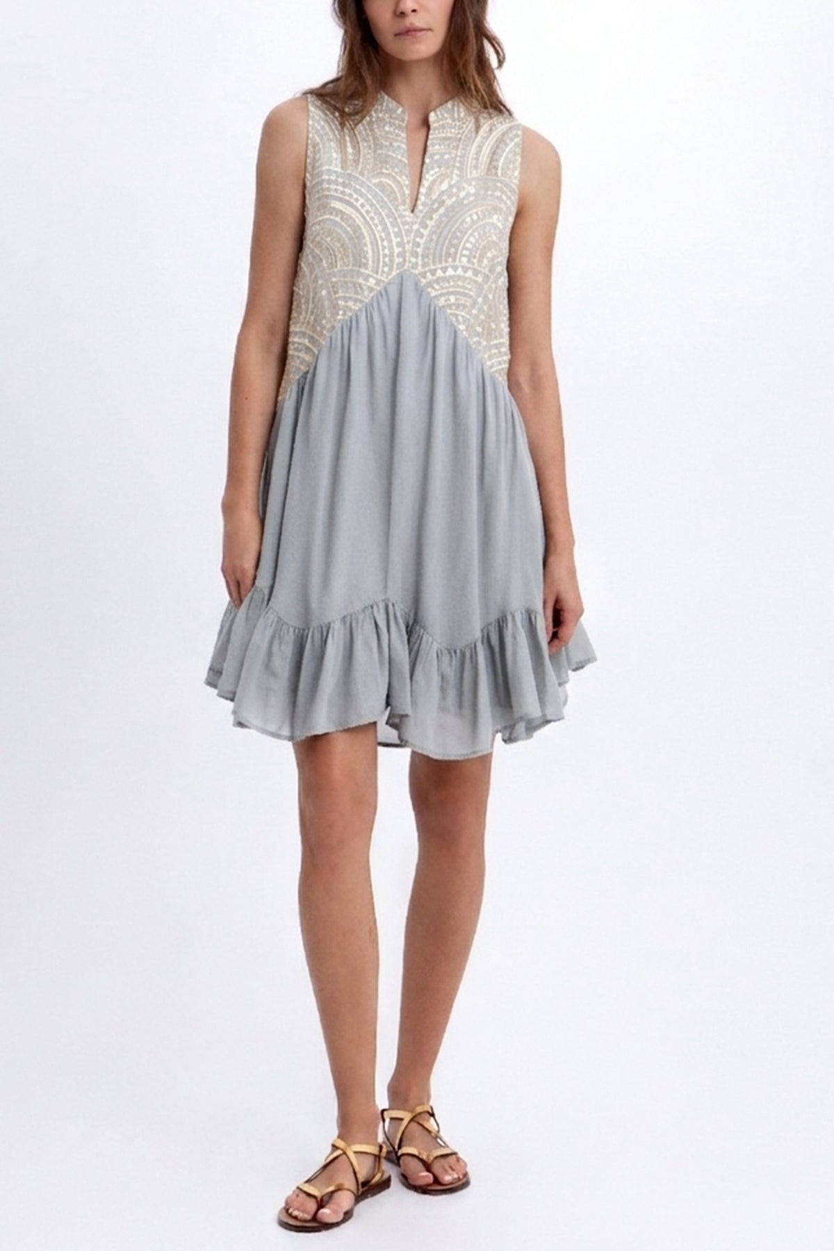 SHORT SLEEVELESS COTTON DRESS "TRIANGLE" LIGHT GREY/CHAMPAGNE