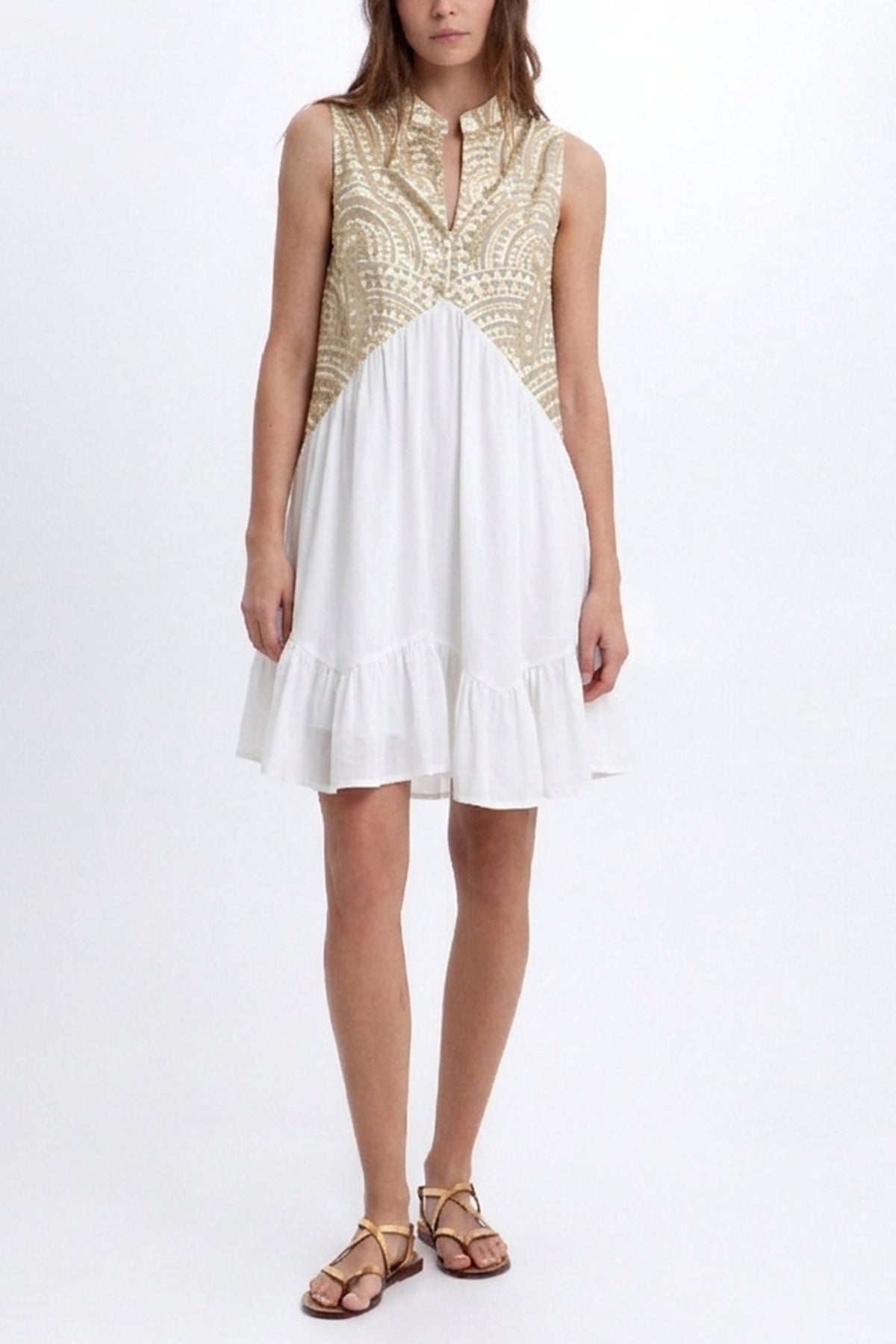 SHORT SLEEVELESS COTTON DRESS "TRIANGLE" WHITE/GOLD