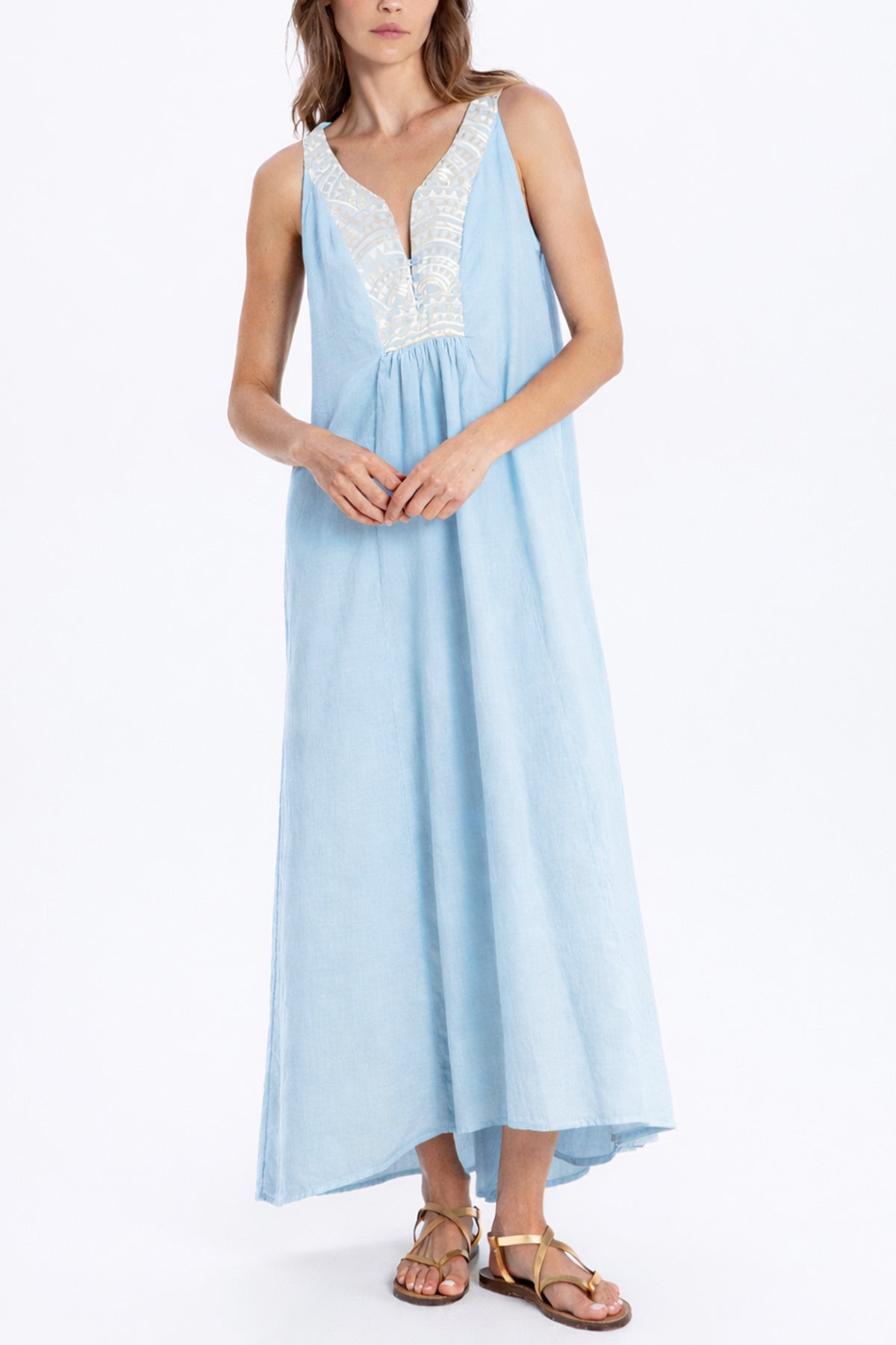LONG SLEEVELESS COTTON DRESS "TRIANGLE" CIEL/CHAMPAGNE
