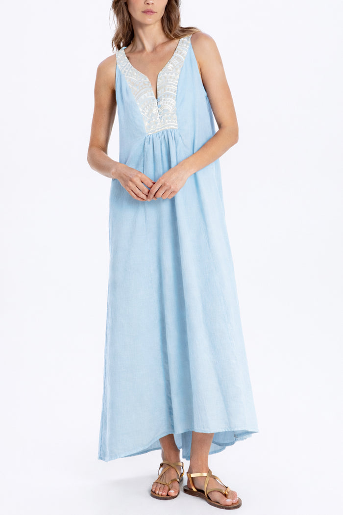 LONG SLEEVELESS COTTON DRESS "TRIANGLE" CIEL/CHAMPAGNE