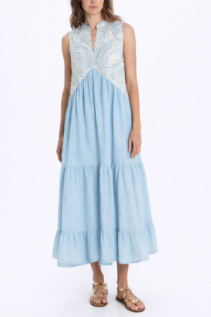 LONG SLEEVELESS COTTON DRESS "TRIANGLE" CIEL/CHAMPAGNE