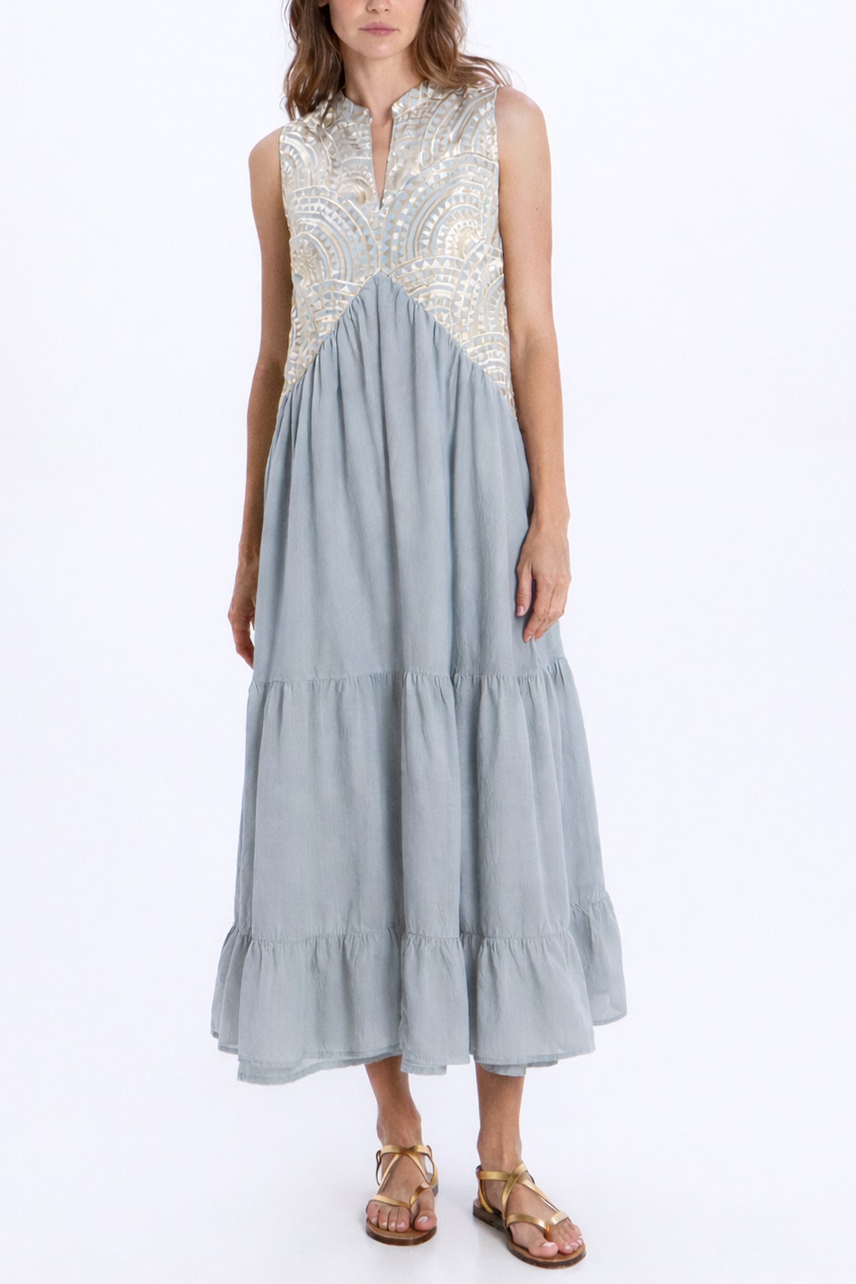 LONG SLEEVELESS COTTON DRESS "TRIANGLE" LIGHT GREY/CHAMPAGNE
