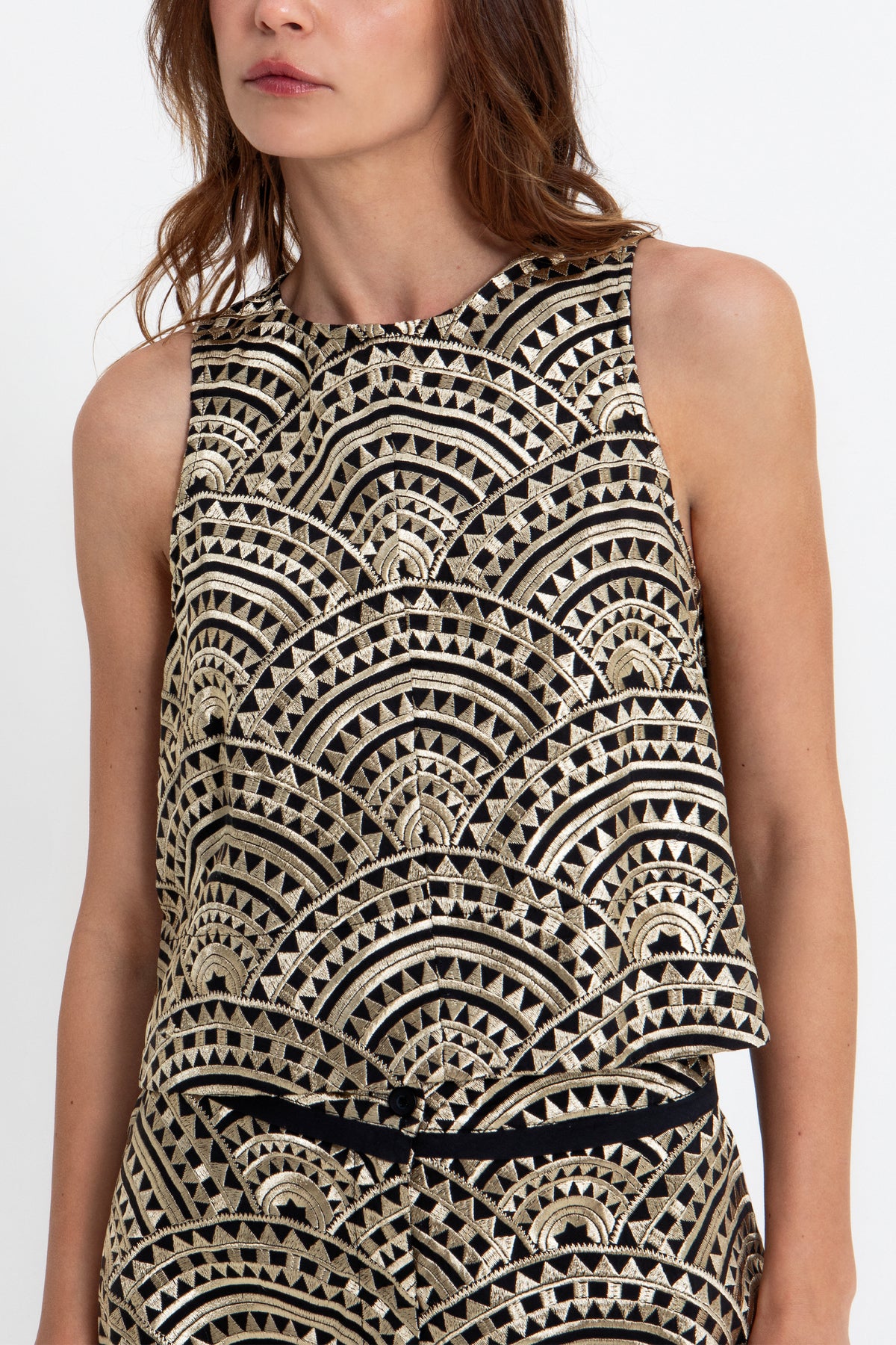 CROPPED EMBROIDERED COTTON TOP "TRIANGLE" BLACK/GOLD