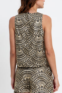 CROPPED EMBROIDERED COTTON TOP "TRIANGLE" BLACK/GOLD