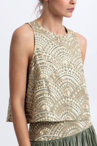 CROPPED EMBROIDERED COTTON TOP "TRIANGLE" SAGE/GOLD