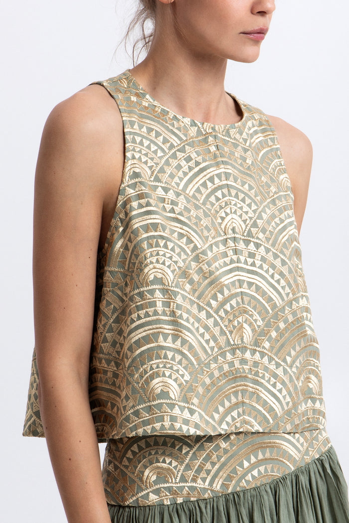 CROPPED EMBROIDERED COTTON TOP "TRIANGLE" SAGE/GOLD