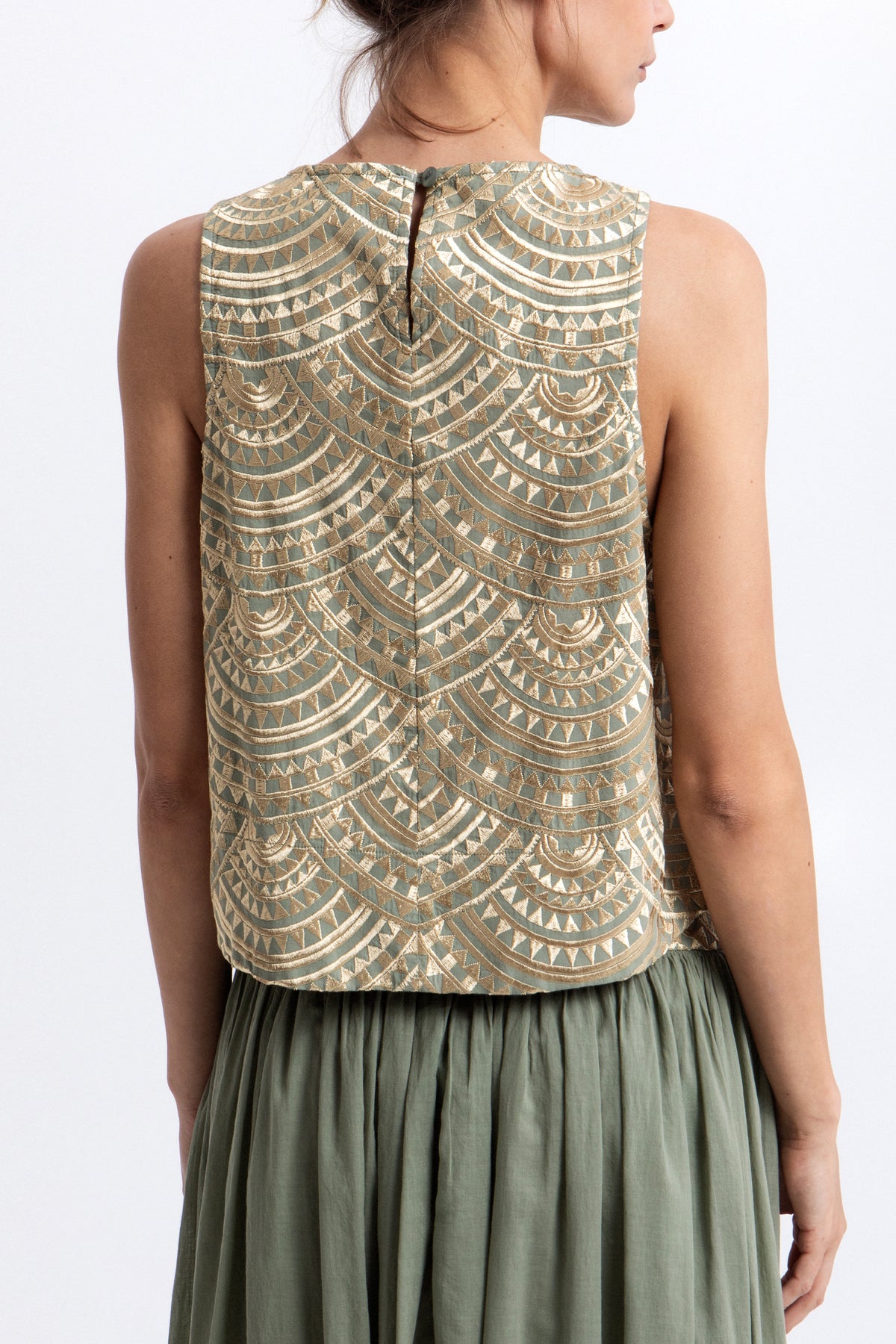 CROPPED EMBROIDERED COTTON TOP "TRIANGLE" SAGE/GOLD