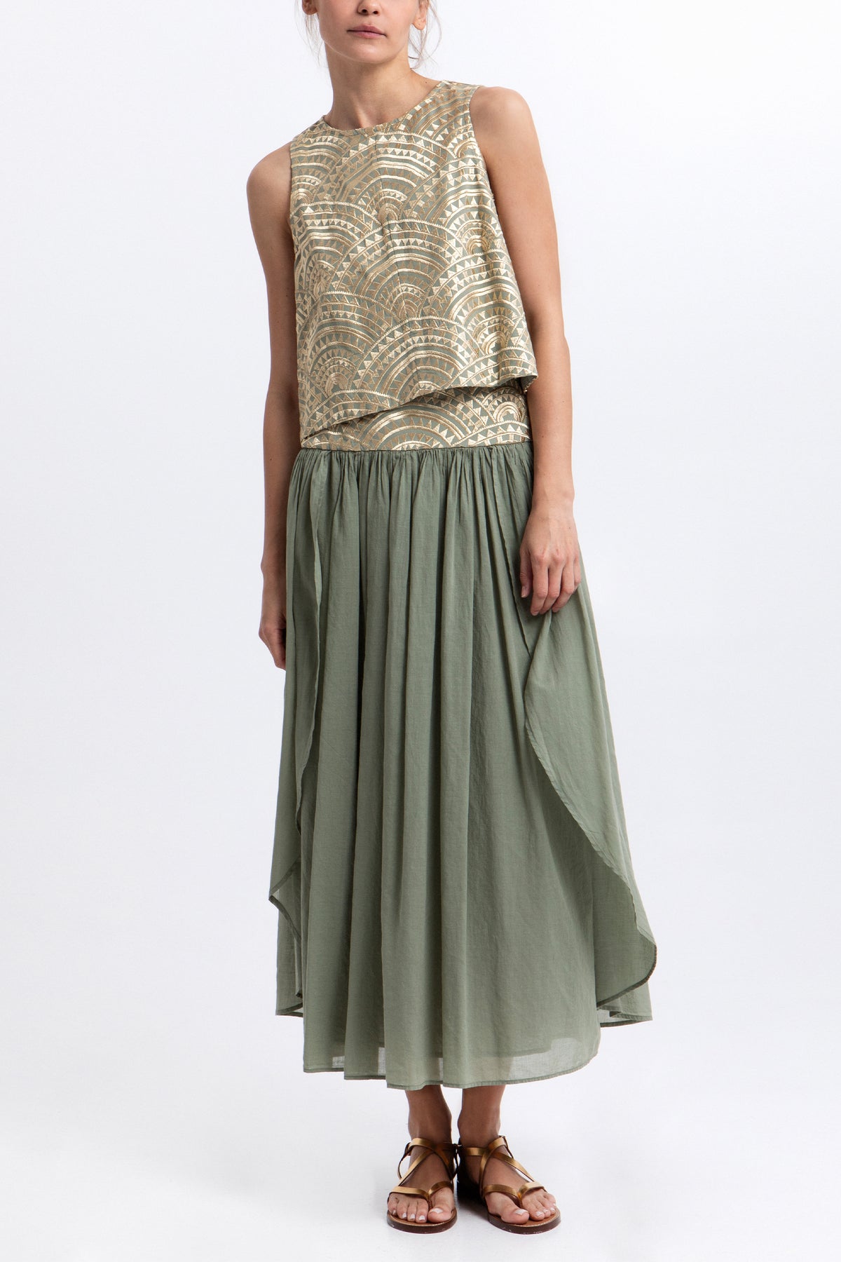 CROPPED EMBROIDERED COTTON TOP "TRIANGLE" SAGE/GOLD