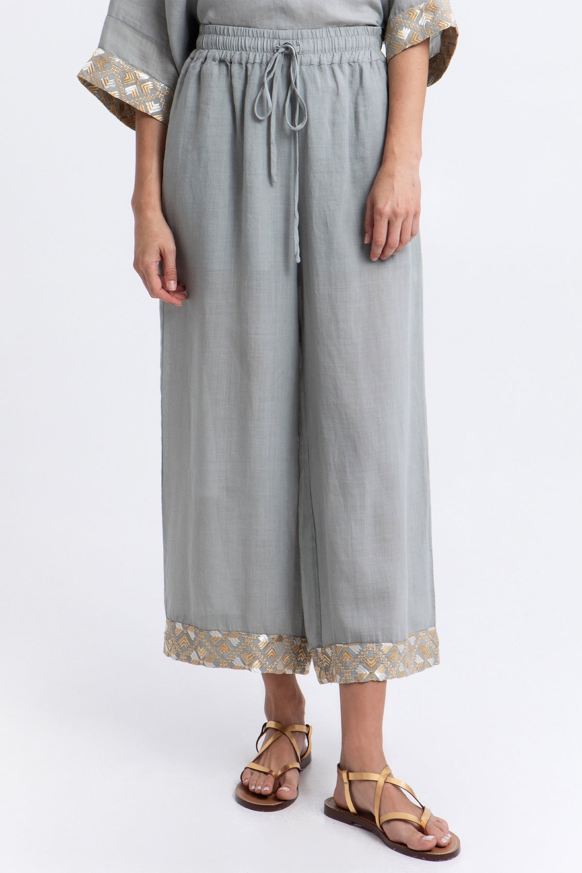 WIDE LEG RAMIE PANTS "FLAKES" LIGHT GREY/GOLD