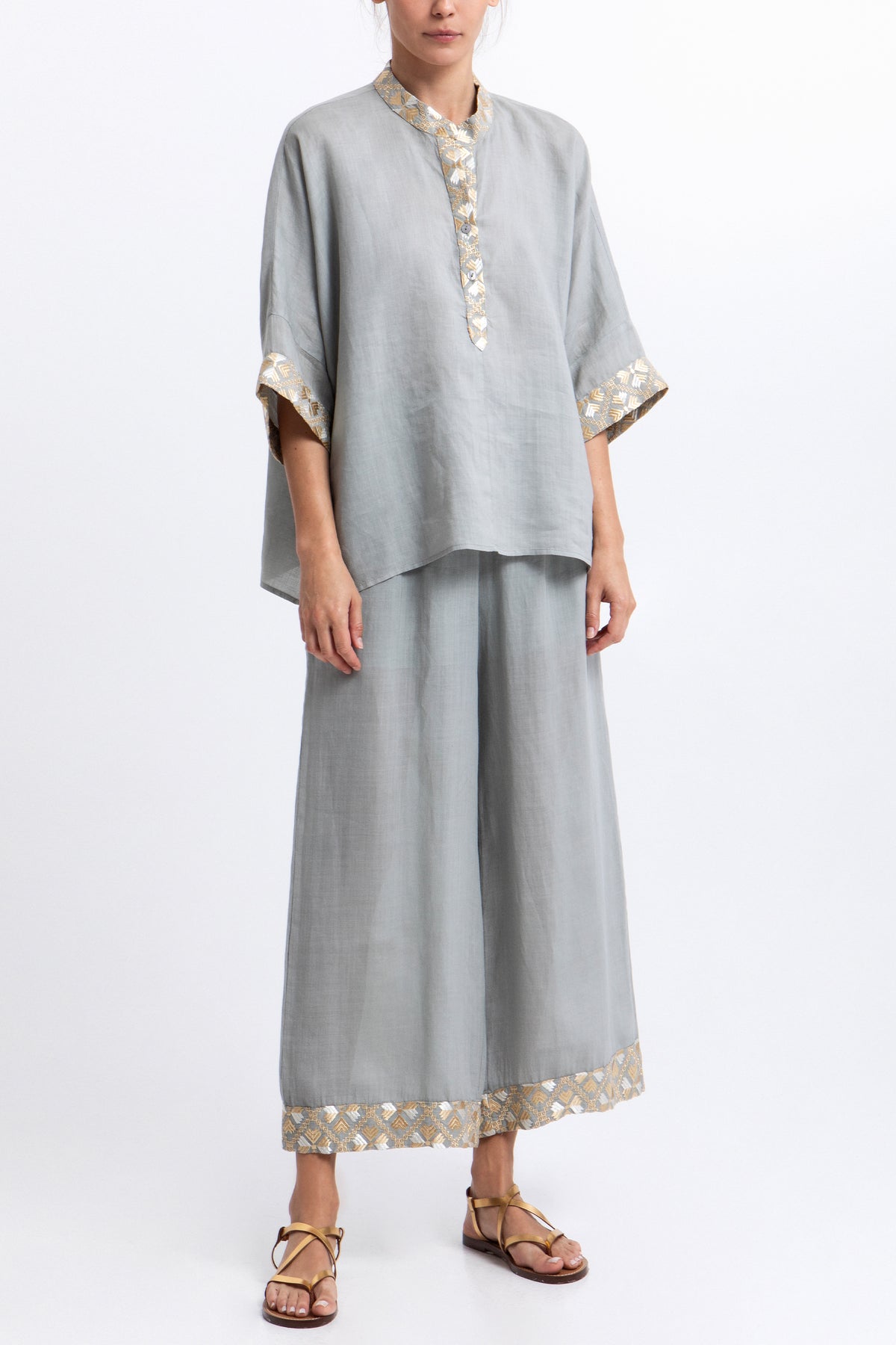 WIDE LEG RAMIE PANTS "FLAKES" LIGHT GREY/GOLD