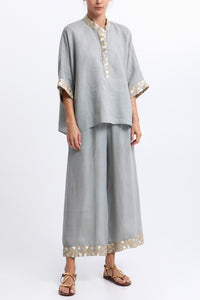 WIDE LEG RAMIE PANTS "FLAKES" LIGHT GREY/GOLD