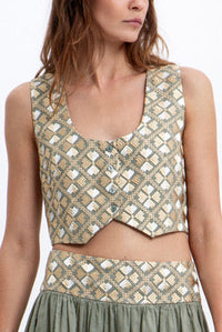 EMBROIDERED RAMIE VEST/TOP "FLAKES" SAGE/GOLD/CHAMPAGNE