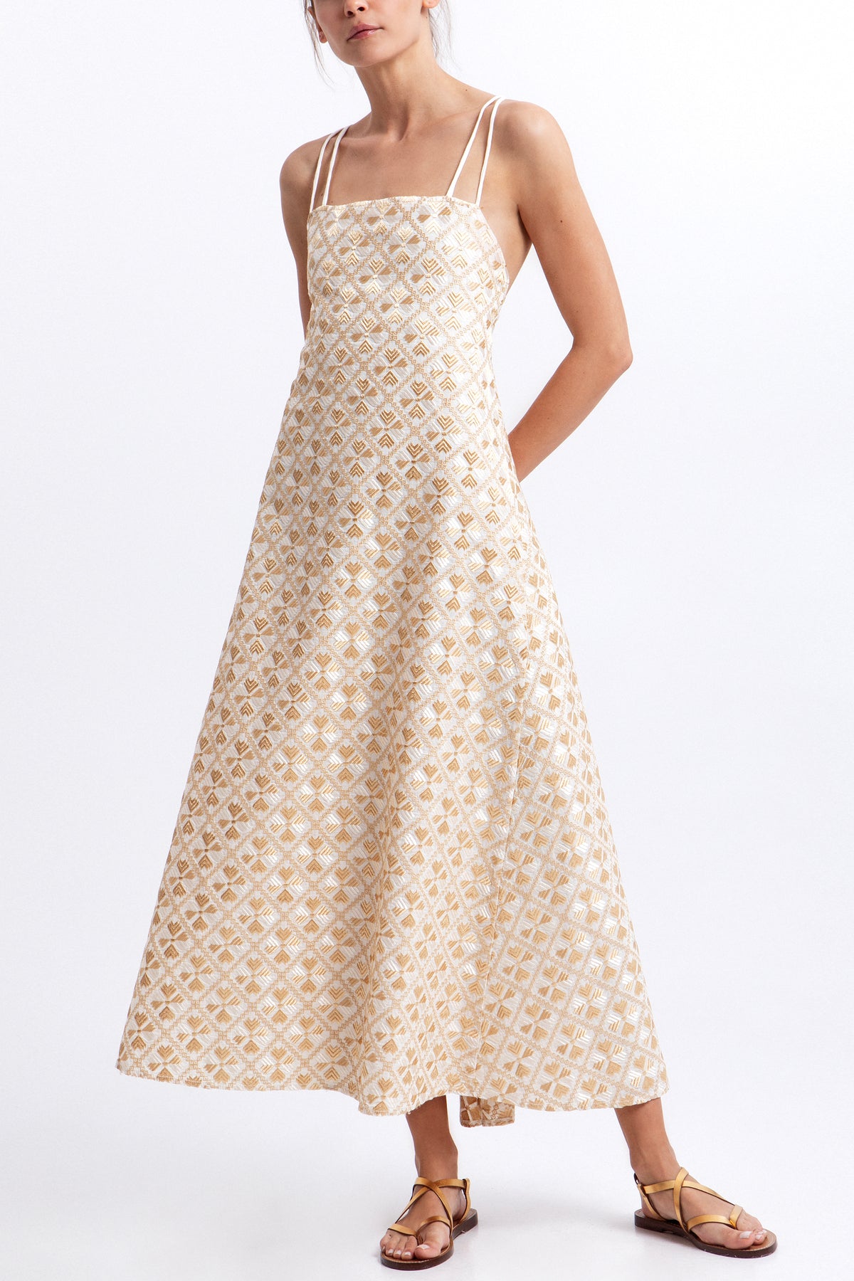 EMBROIDERED BACKLESS RAMIE DRESS "FLAKES" WHITE/GOLD/CHAMPAGNE