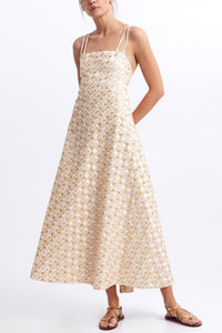 EMBROIDERED BACKLESS RAMIE DRESS "FLAKES" WHITE/GOLD/CHAMPAGNE
