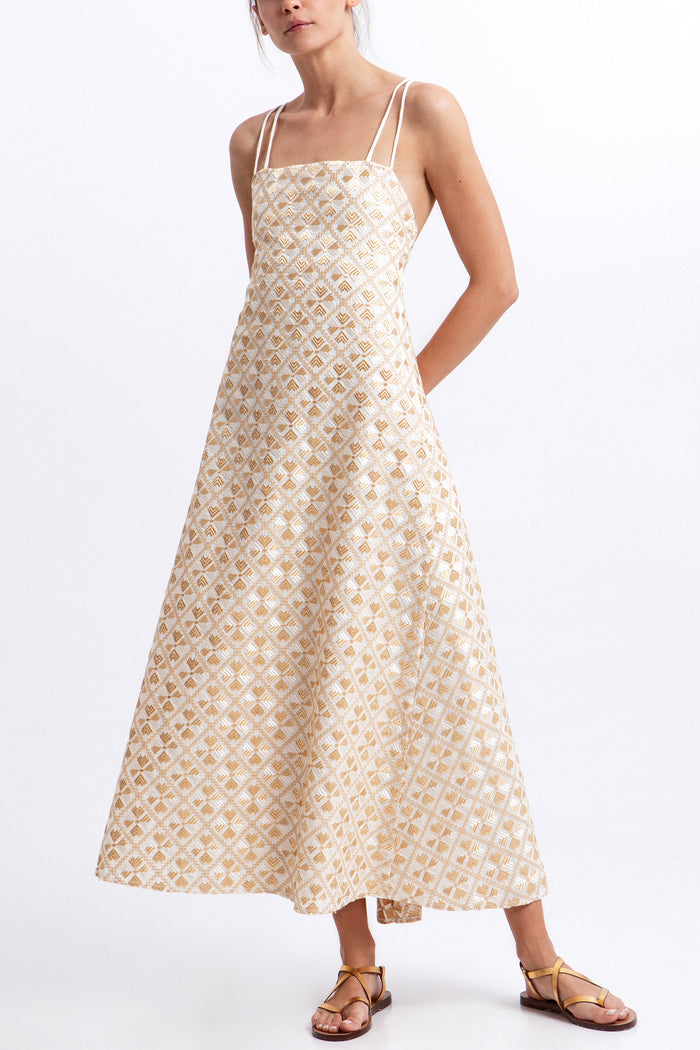EMBROIDERED BACKLESS RAMIE DRESS "FLAKES" WHITE/GOLD/CHAMPAGNE