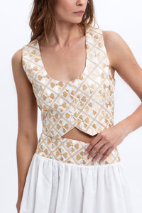 EMBROIDERED RAMIE VEST/TOP "FLAKES" WHITE/GOLD/CHAMPAGNE