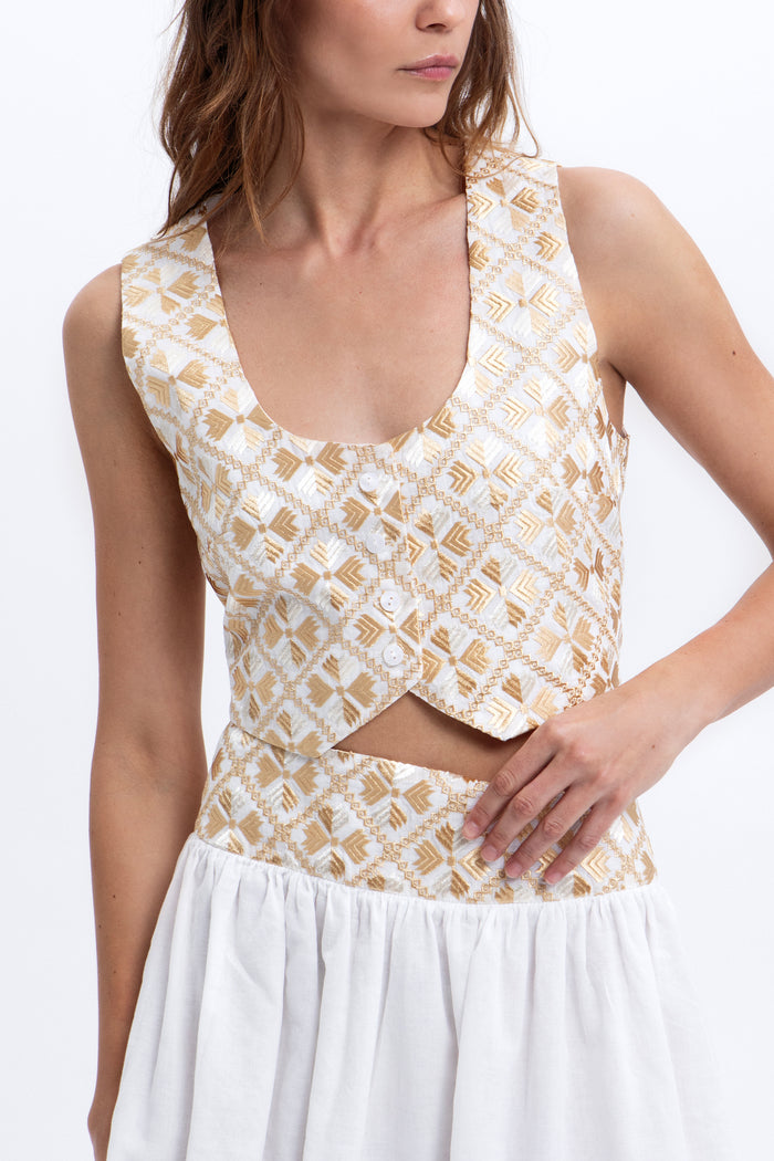EMBROIDERED RAMIE VEST/TOP "FLAKES" WHITE/GOLD/CHAMPAGNE