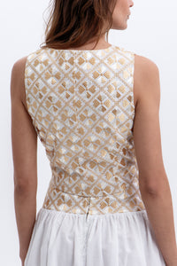 EMBROIDERED RAMIE VEST/TOP "FLAKES" WHITE/GOLD/CHAMPAGNE
