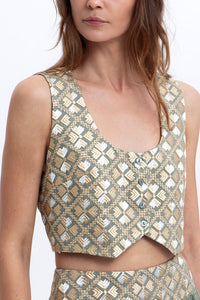 EMBROIDERED RAMIE VEST/TOP "FLAKES" SAGE/GOLD/CHAMPAGNE