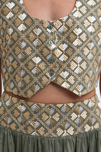 EMBROIDERED RAMIE VEST/TOP "FLAKES" SAGE/GOLD/CHAMPAGNE