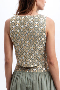 EMBROIDERED RAMIE VEST/TOP "FLAKES" SAGE/GOLD/CHAMPAGNE