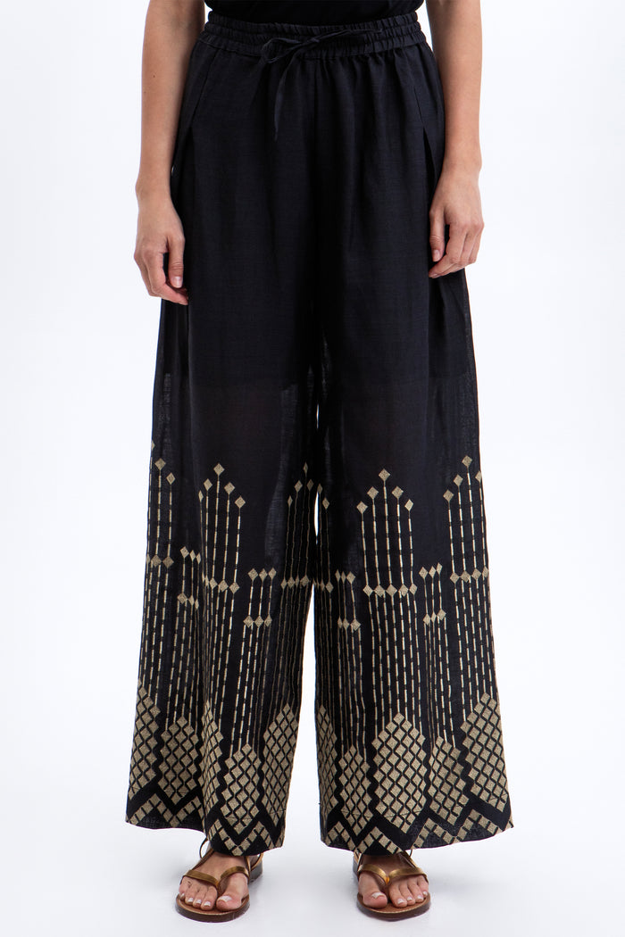 WIDE LEG RAMIE PANTS "GRAPES" BLACK/GOLD