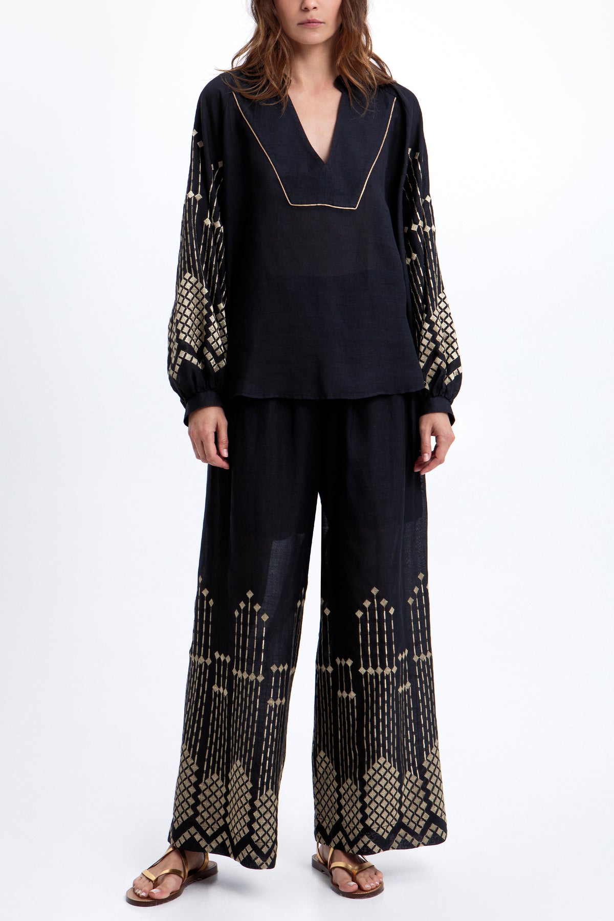 WIDE LEG RAMIE PANTS "GRAPES" BLACK/GOLD