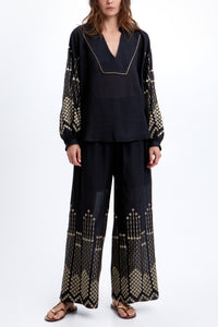 WIDE LEG RAMIE PANTS "GRAPES" BLACK/GOLD