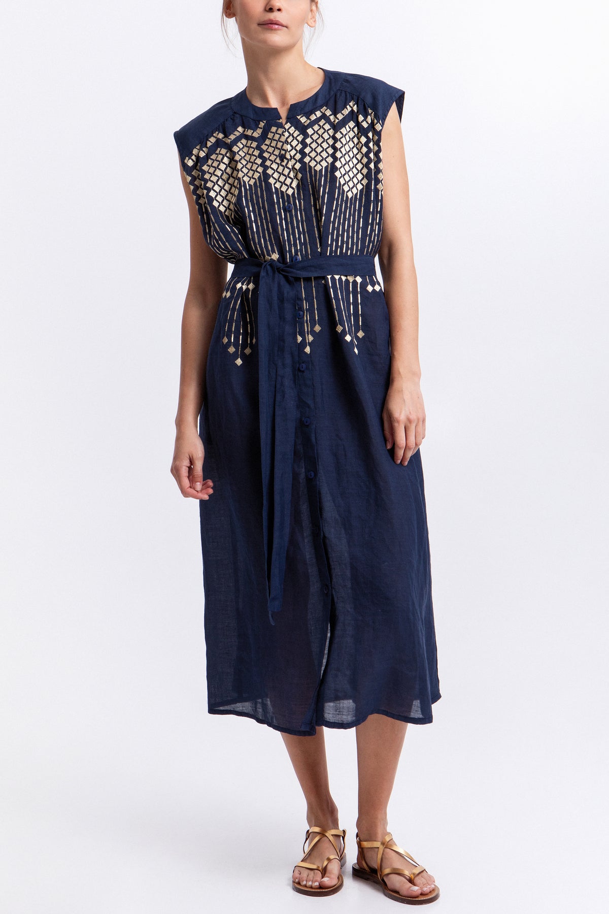 SLEEVELESS MIDI RAMIE DRESS "GRAPES" NAVY/GOLD