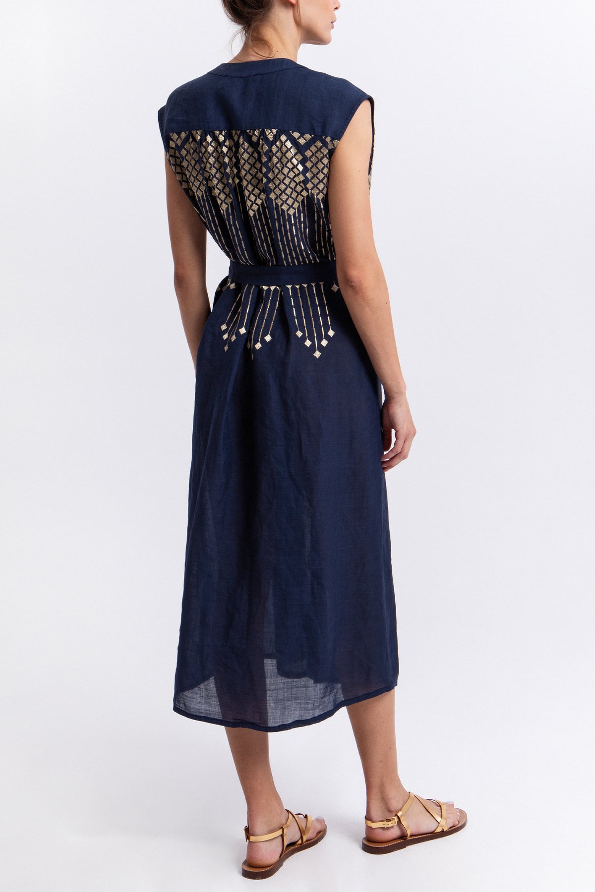 SLEEVELESS MIDI RAMIE DRESS "GRAPES" NAVY/GOLD