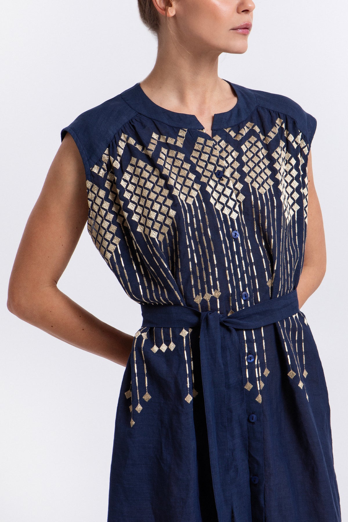 SLEEVELESS MIDI RAMIE DRESS "GRAPES" NAVY/GOLD