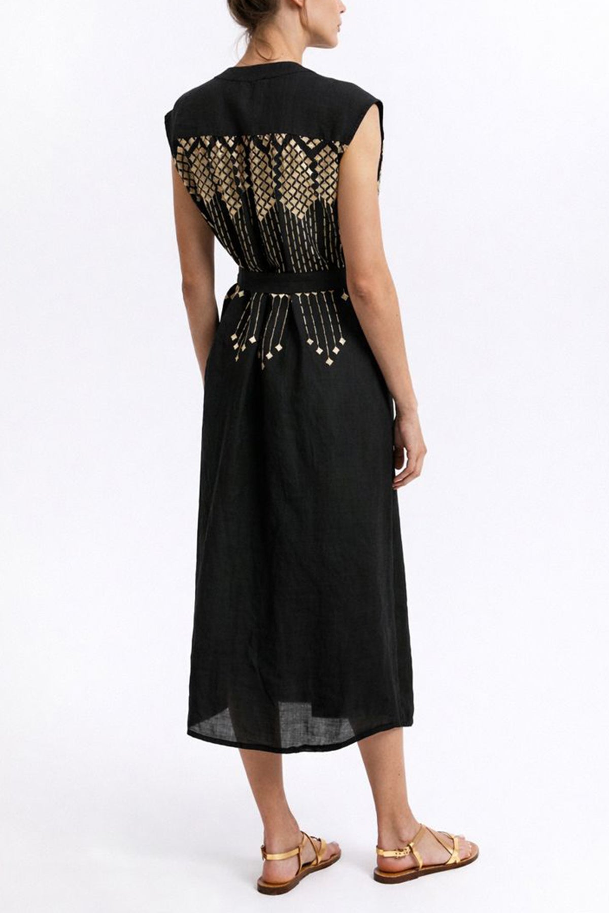 SLEEVELESS MIDI RAMIE DRESS "GRAPES" BLACK/GOLD