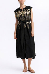 SLEEVELESS MIDI RAMIE DRESS "GRAPES" BLACK/GOLD