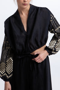 CROPPED RAMIE BLOUSE WITH V-NECK "GRAPES" BLACK/GOLD