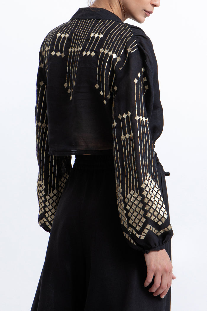 CROPPED RAMIE BLOUSE WITH V-NECK "GRAPES" BLACK/GOLD