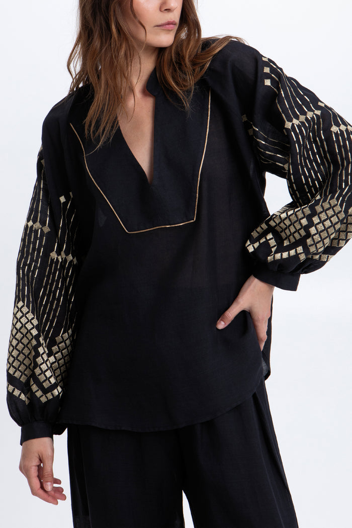 EMBROIDERED RAMIE BLOUSE "GRAPES" BLACK/GOLD