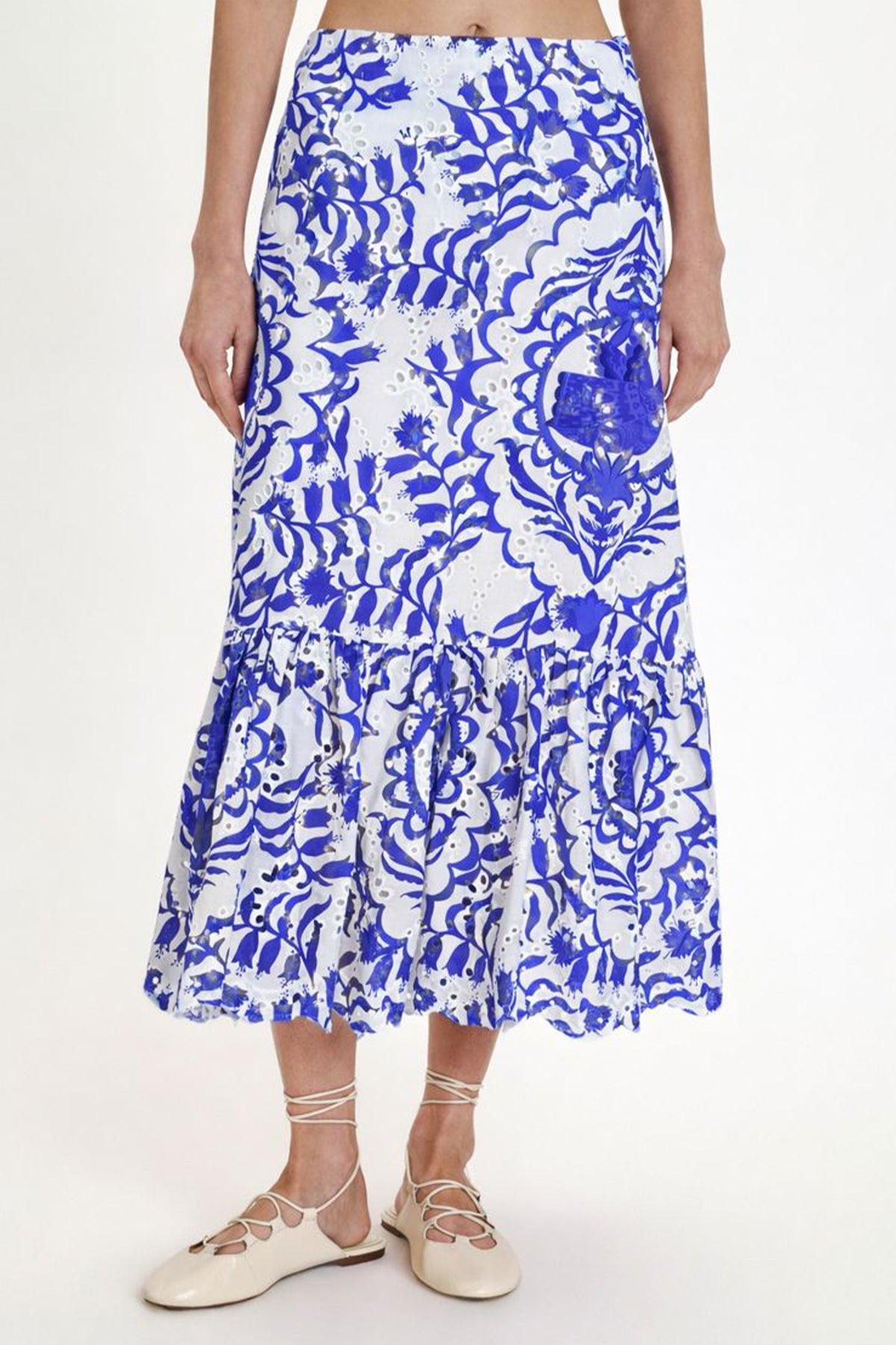 EMBROIDERED MIDI COTTON SKIRT "PORTARIA" BLUE/WHITE
