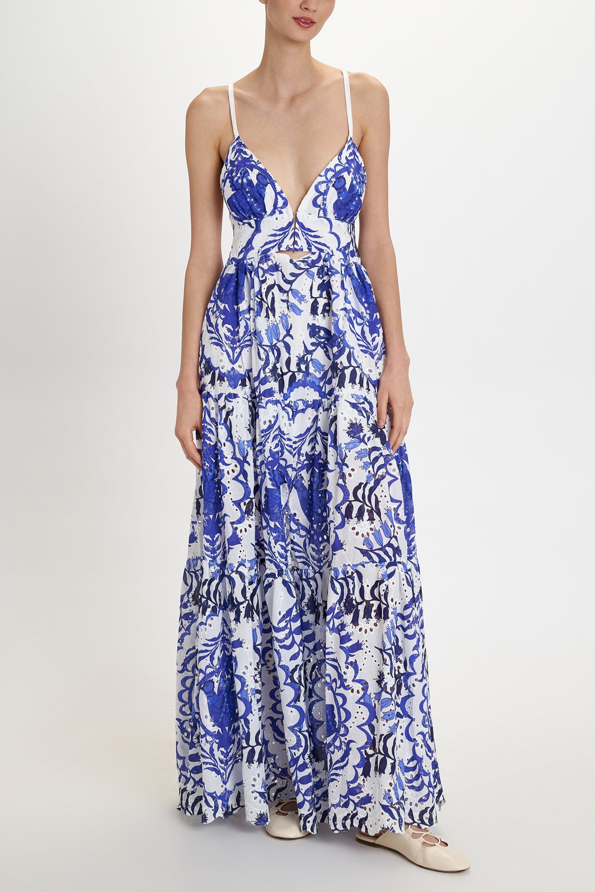 BACKLESS COTTON DRESS WITH CUTOUTS "PORTARIA" BLUE/WHITE