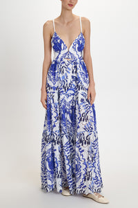 BACKLESS COTTON DRESS WITH CUTOUTS "PORTARIA" BLUE/WHITE