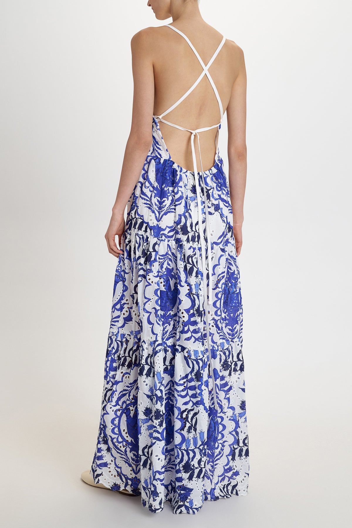 BACKLESS COTTON DRESS WITH CUTOUTS "PORTARIA" BLUE/WHITE