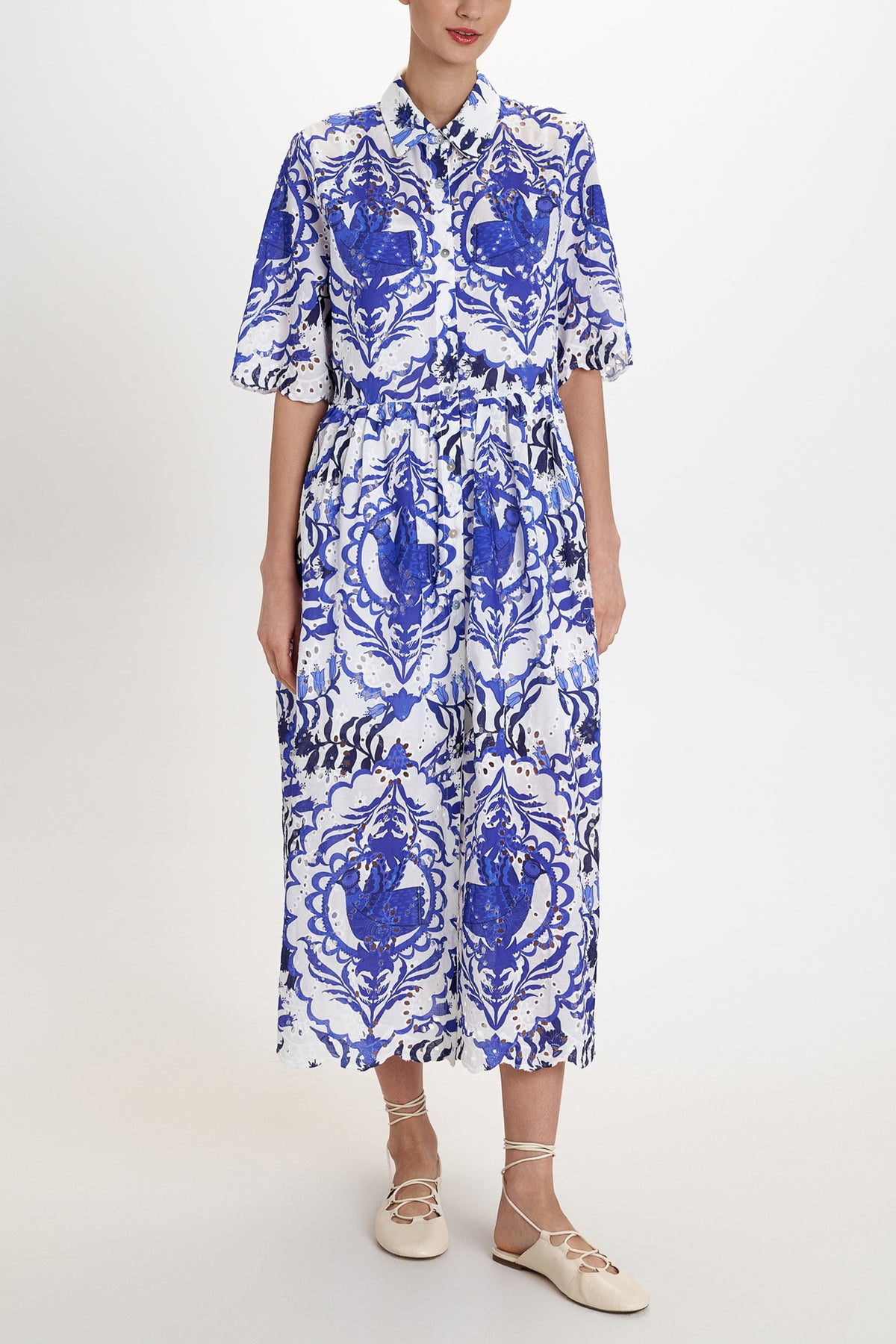 EMBROIDERED MIDI COTTON SHIRT DRESS "PORTARIA" BLUE/WHITE