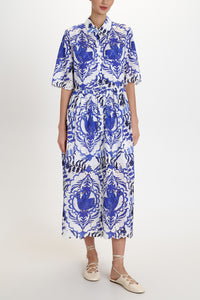 EMBROIDERED MIDI COTTON SHIRT DRESS "PORTARIA" BLUE/WHITE
